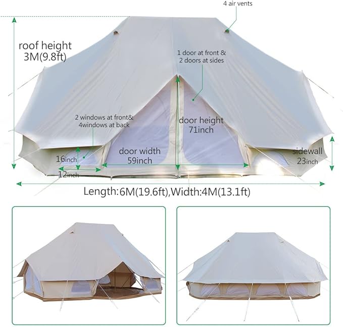 6M/19.6FT Extra Large Waterproof Cotton Canvas Camping Bell Tent with 3 Doors and 6 Windows for 8-12 Persons Camping Hiking Family Party Outdoor Hunting