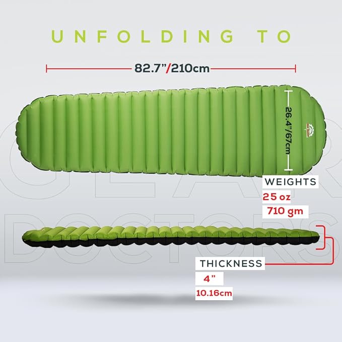 Gear Doctors ApolloAir 5.2R-Value [25oz] Ultralight Insulated Inflatable Camping Sleeping Pad–Backpacking Air Mattress–Camping Mattress Pad–Compact Foam Self-Inflating Outdoor Sleeping Mat Backpacking