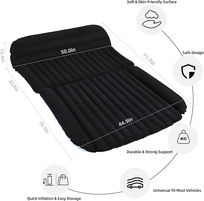 SUV Car Air Mattress – Inflatable Back Seat Bed with Electric Air Pump, Portable Camping Travel Sleeping Pad, Blow Up Car Bed (Black for SUV)