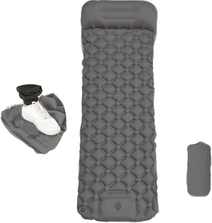 DANCHEL OUTDOOR Ultralight Inflatable Sleeping Pad for Camping - Built-in Foot Pump & Pillow, Compact Air Mattress for Backpacking, Hiking, Travel, Gray