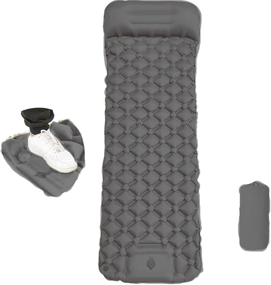 DANCHEL OUTDOOR Ultralight Inflatable Sleeping Pad for Camping - Built-in Foot Pump & Pillow, Compact Air Mattress for Backpacking, Hiking, Travel, Gray