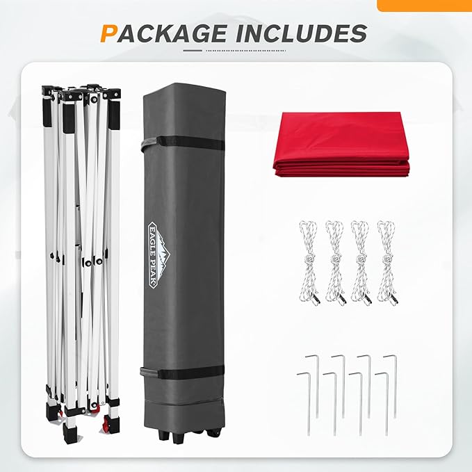 EAGLE PEAK Pop Up Canopy Tent with Wheeled Carry Bag, 8 Stakes, 4 Ropes, Easy Set Up Tent Canopy, 6.6x6.6 ft, Red