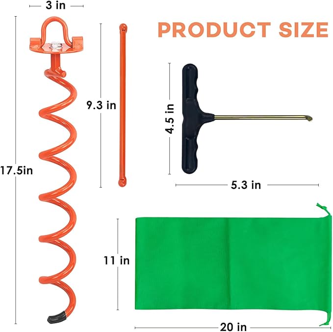 MIXXIDEA Gound Anchors Screw in, Metal Spiral Earth Anchors Kit, Heavy Duty Folding Ring Spiral Stake with Straps, Ground Stakes for Tent (Orange, 17.5 Inch)
