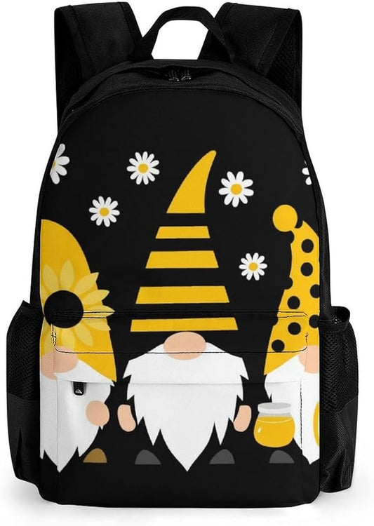 Men Women Lightweight Sunflower Bee Cute Cartoon Gnome Black Backpack Large Capacity Bookbag With Smooth Zippers for Gym Business Running
