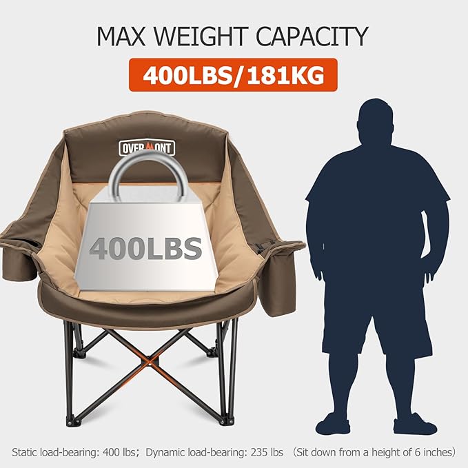 Overmont Oversized XL Camping Chair for Adults - 400lbs Support Heavy-Duty Padded Folding Chair with Side Pocket Cup Holder Cooling Bag for Outdoor Sports Garden Beach Fishing Lawn Khaki