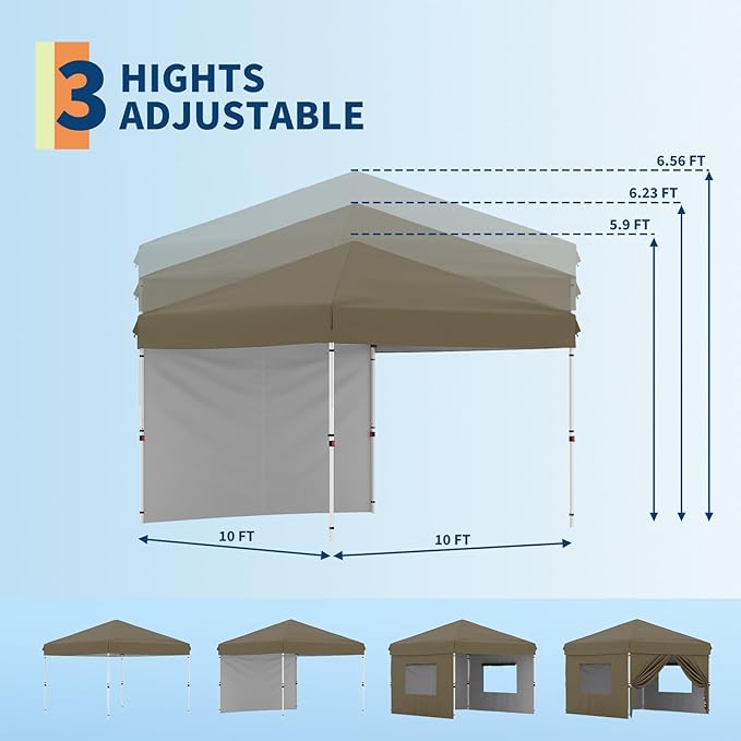 Garvee 10x10 Pop Up Canopy Tent with 1 Removable Sidewall, Heavy Duty Commercial Instant Shelter with One-Person Setup, UPF 50+ Waterproof, 100 Sq Ft Shade for Outdoor Events, Camping, Farmers Market