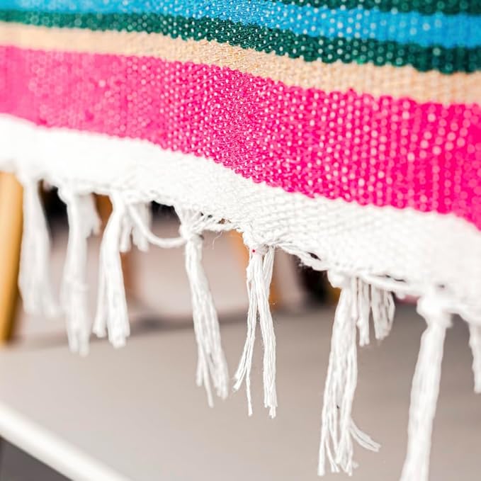 Airooglee Large Mexican Blanket - Perfect as Yoga, Outdoor, Beach, Serape, Picnic, Camping Blanket - Boho Home Decor (Rose-Blue)