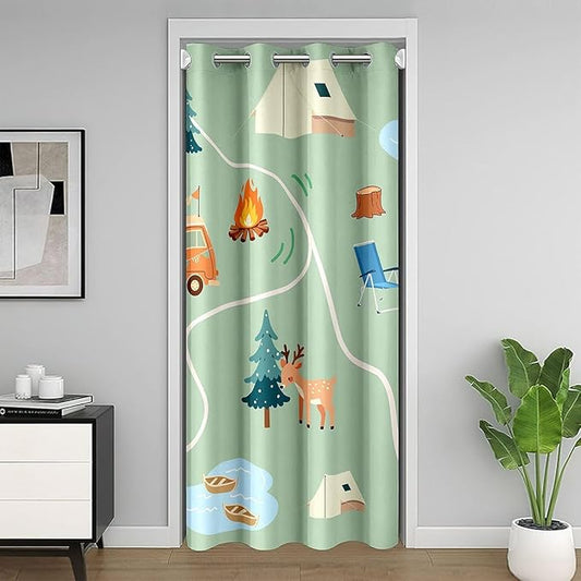 Erosebridal Happy Camping Doorway Curtains Privacy - Cute Animal Deer Plants Blackout Curtain Rustic RV Camper Campfire Closet Door Curtain Outdoor Adventure Theme Room Divider Drape 52" W x 84" L