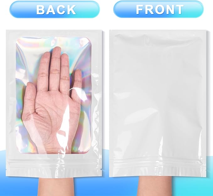 100 Pieces Smell Proof Mylar Bags- Resealable Holographic Packaging Pouch Bag with Clear Window for Food Storage Eyelash Jewelry Electronics Storage (White, 4 x 6 Inch)