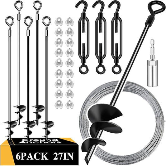 27in 6 Pack Ground Anchors with 3/16" Galvanized Cable Shed Anchor Kit, Trampoline Stakes Anchors High Wind – Ideal for Canopies, Sheds, Car Ports, Swing Sets Gazebo Greenhouse (27 in of 6 Pcs)