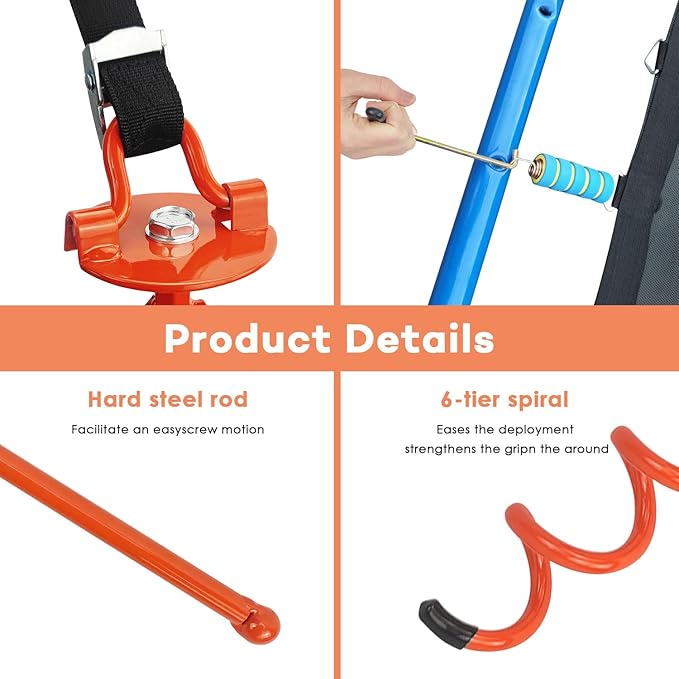 MIXXIDEA Gound Anchors Screw in, Metal Spiral Earth Anchors Kit, Heavy Duty Folding Ring Spiral Stake with Straps, Ground Stakes for Tent (Orange, 17.5 Inch)