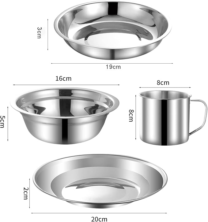 12Pcs Camping Mess Kit Camping Dishes Set Stainless Steel Tableware Mess Kit Includes Plate Bowl Cup Spoon Fork Knife in Mesh Bags for Camping Backpacking & Hiking for 1 Person