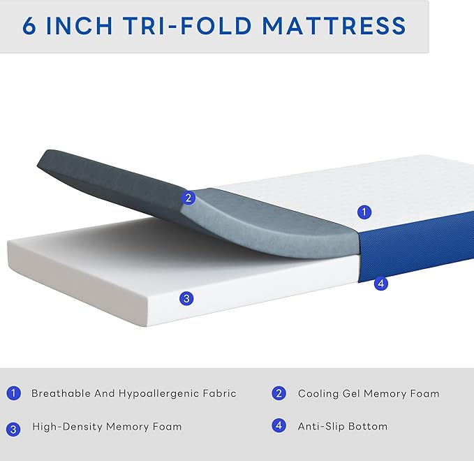 6 Inch Gel Memory Foam Mattress Queen Size, Portable Tri-Folding Mattress with Washable Cover, for Guest Bed, Camping, Travel, Dormitory, White & Blue