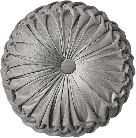 Round Throw Pillow Velvet Home Decoration Pleated Round Pillow Cushion for Couch Chair Bed Car Grey