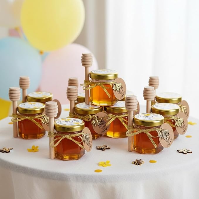 Small Honey Jar, Mini Honey Jars with Dipper, Glass Honey Pot Baby Shower Favors, Party Favors & Wedding Favors, Hexagon Honey Container w/ Lid, Bee Charms, Fabric Ribbons and Bags, 60 Pack 1.5oz