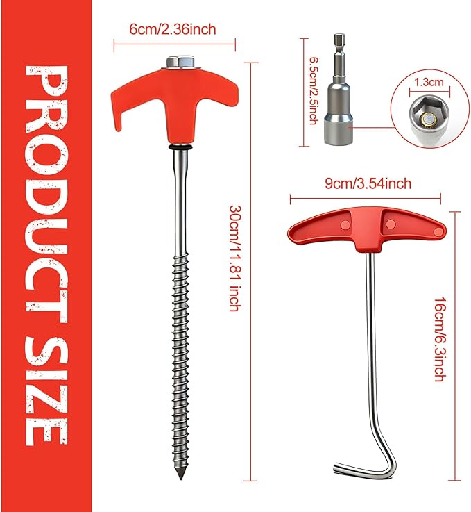 SOLEADER 12-Inch Screw in Tent Stakes 8PCS,Ground Anchors Screw in,Tent Stakes Heavy Duty,Ground Stakes for Inflatables,Canopies,Camping Tent Accessories,Metal Threaded Tent Spikes with Hex Head Drive