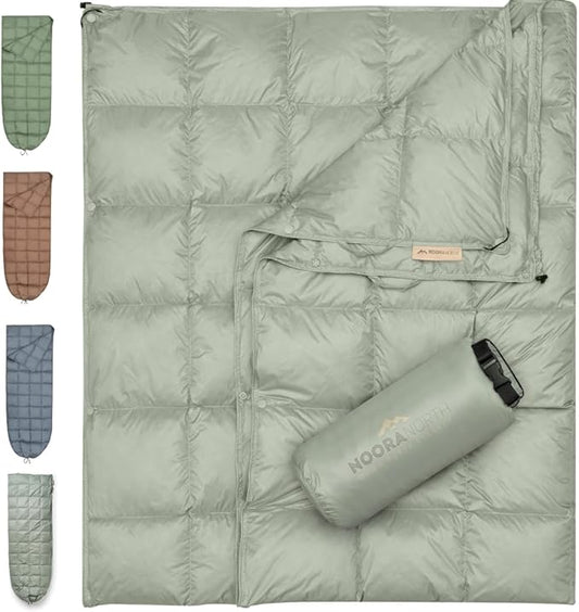 Down Camping Blanket with Footbox – Lightweight, Packable, Water Resistant Backpacking Quilt & Warm Puffy Compact Outdoor Throw – 52x77 with Stuff Sack for Stadium, Hiking & Travel