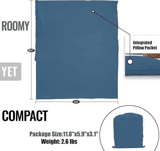 Sleeping Bag Liner,Long Staple Cotton, Adult Sleep Sack & Travel Sheets,Travel Sleep Sack for Backpacking, Hotels & Hostels Lightweight Travel Sheet Camping Sheets,Has Full Length Zipper