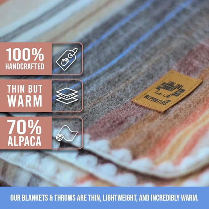 ALPAKITAS Alpaca Wool Blanket Throw | Large, Beautiful, Warm, Stripes | 64 x 45 inches | Ultra-Soft, Hypoallergenic and Breathable | Non-Itchy or Scratchy (White and Brown)