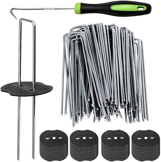 50Pcs Garden Stakes Staples + 50Pcs Gasket, Bakulyor 6 Inch Lawn Landscape Staples 11 Gauge U Shaped Galvanized Landscape Pins, Heavy Duty Yard Ground Pin for Weed Barrier Sod Fabric Decorations - 6"