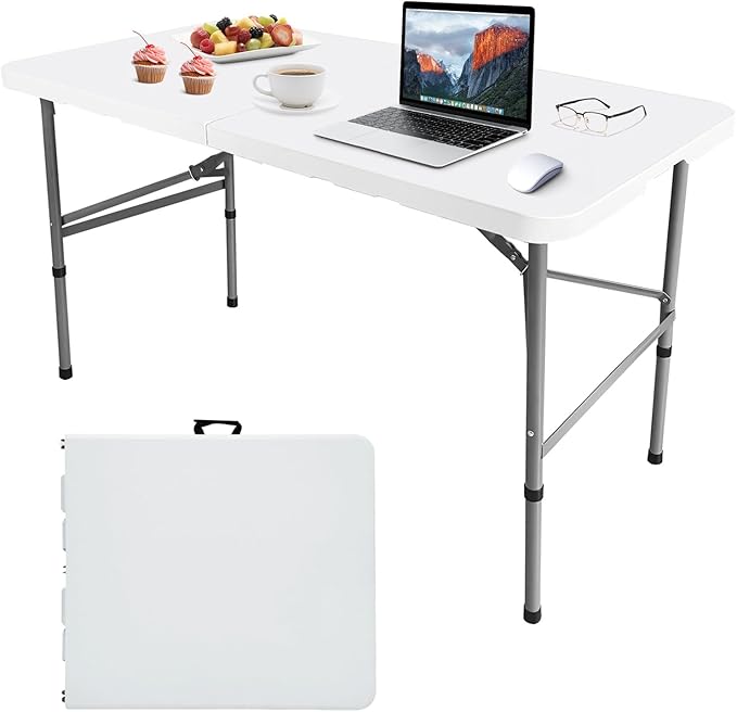 4ft Folding Table, Fold-in-Half Portable Heavy Duty Utility Outdoor Dining Card Table with Handle, Steel Legs Indoor Outdoor Use for Camping Picnic Events Party Card Games, White