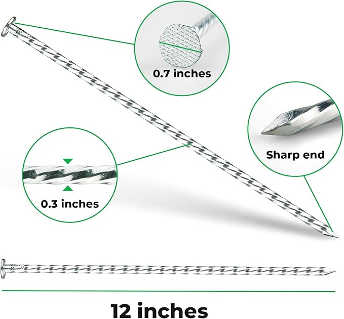 12 Inch Galvanized Landscape Stakes - 50pcs Spiral Metal Round Anchoring Spikes, 0.7 Inch Extra Large Top, for Securing Paver Edging, Weed Barrier, Camping Tent