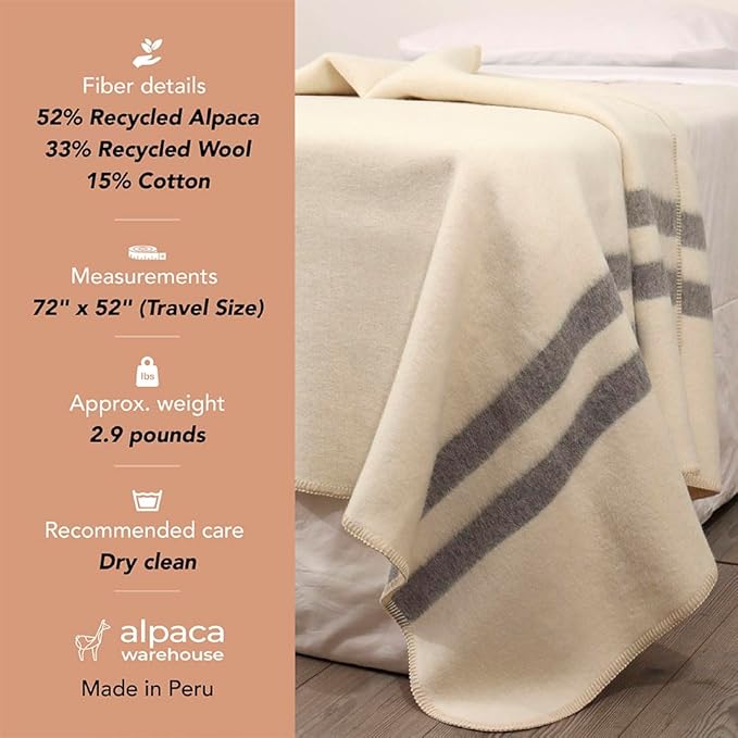 Thick Alpaca Wool Blanket Heavyweight for Camping Outdoors or Using Indoors | Soft Peruvian Alpaca Wool Blankets (Ivory - Soft Gray Stripes, Travel Size)