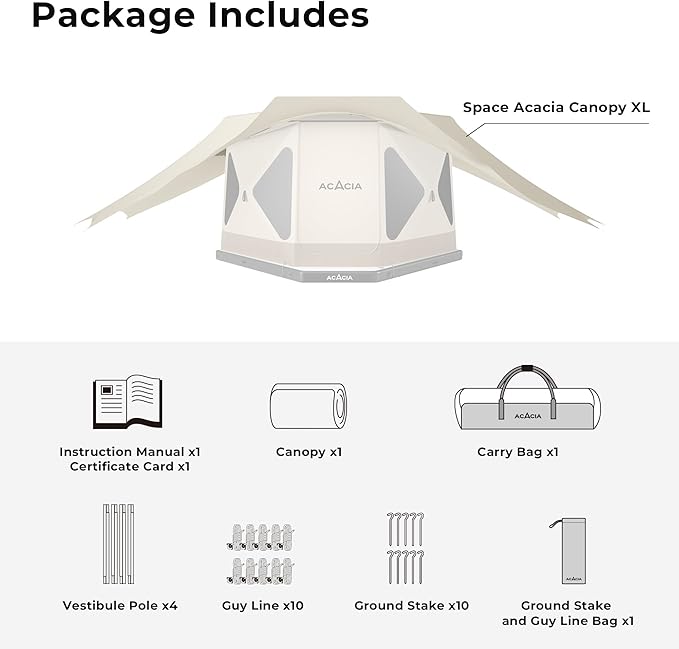 ACACIA Canopy 4 Person for Space Acacia Camping System, PU2000 Waterproof Camping Tarp for 4 Season Camping, UPF50+ Sunproof Tent Tarp with 4 Telescoping Poles, Carry Bag, Almond