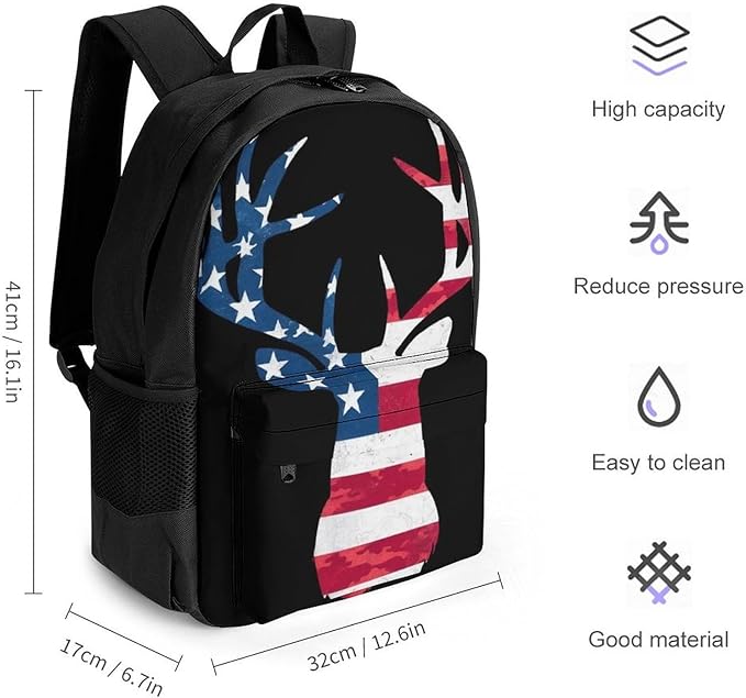 Supdreamc Polyester Daypack Backpack for Climbing Outdoors Running, Big Capacity Multipurpose Anti-Theft Bookbag, Camo Deer Hunting Camouflage Usa Flag Travel Hiking Camping Rucksack