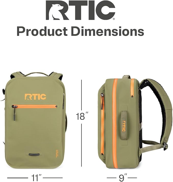RTIC Ultra Dry Backpack, Waterproof Outdoor Floating Bags for Hiking, Travel, Camping, Boating, Backpacking, 26L, Olive & Orange