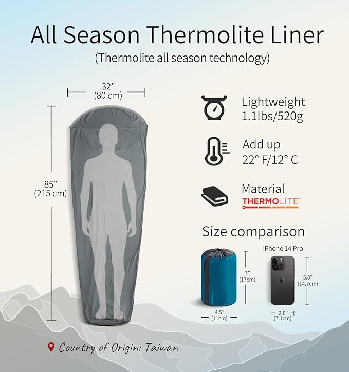 Litume Thermolite All Season Sleeping Bag Liner Add Up to 22°F / 12°C, Mummy Sleeping Sack for Backpacking, Camping, Traveling, for Cold Weather Winter, Sleep Sack with Drawstring Hood (E626)