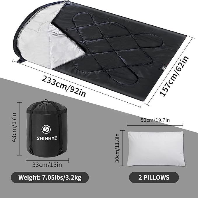 ShinHye Double Sleeping Bag for Adults with 2 Pillows, Camping Sleeping Bags Flannel Cotton 2 Person Sleeping Bags XXL Queen Size Sleeping Bag for Cold Weather