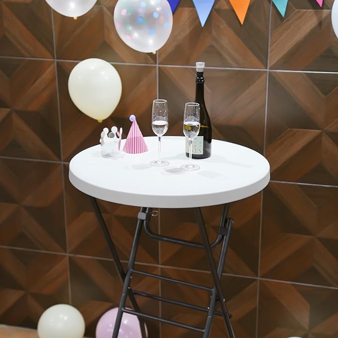Cocktail Table 28in Portable Folding Bar Height Table, Compact Round High Top Plastic & Steel Bistro with Removable Legs, for Indoor Outdoor RV Patio Catering Parties Commercial Events-1pc