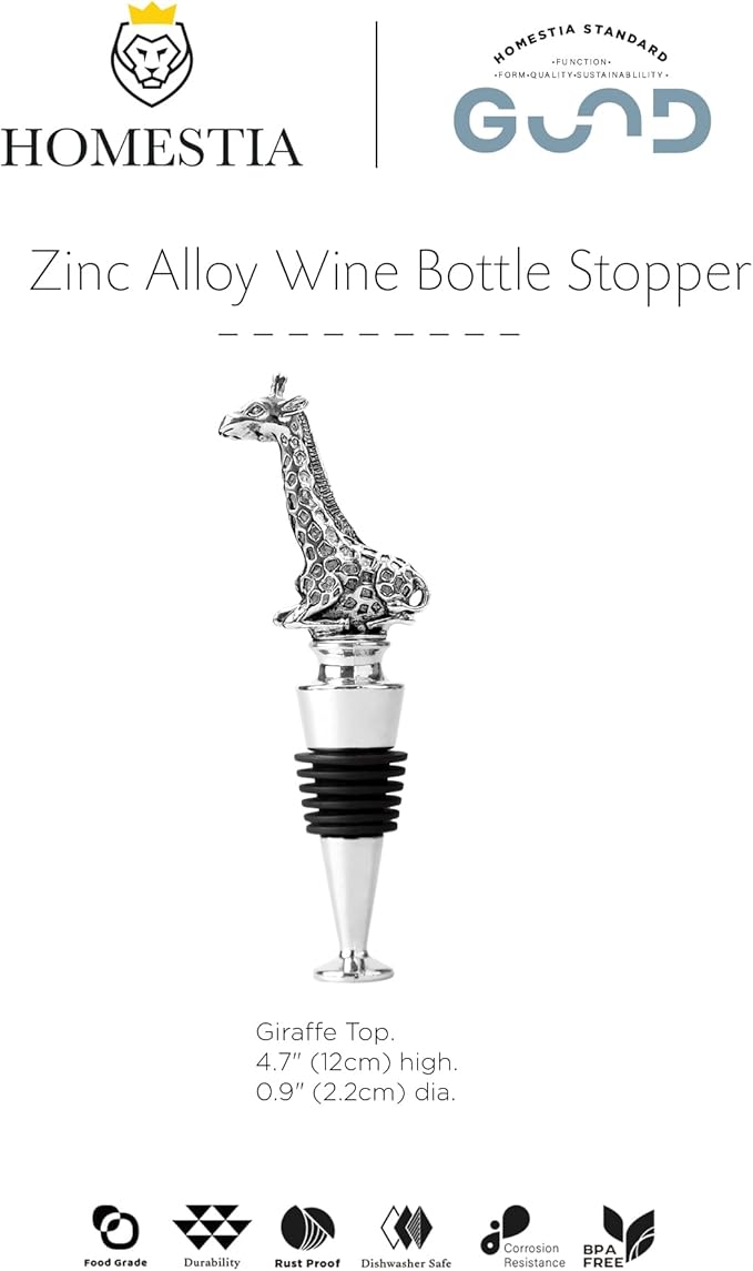 Homestia Wine Stoppers for Wine Bottles, Giraffe Wine Beverage Bottle Stopper, Stainless Steel Reusable Wine Corks with Silicone Seal, Bottle Cover Leak proof Keep Fresh
