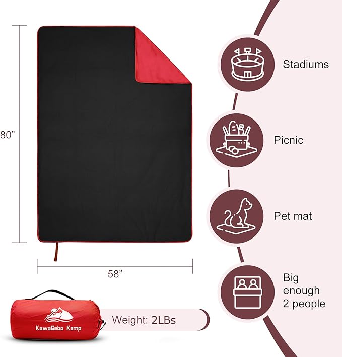 Fleece Waterproof Outdoor Blanket - Windproof Stadium Blanket for Camping, Picnics, and Sports Stay Dry and Comfortable 80"x 58"(Red)