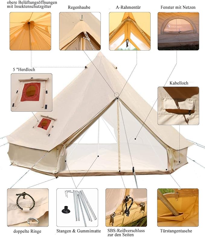 Large Luxury 4-Season Cotton Canvas Bell Tent Double Doors Camping Hunting Tent with Stove Jack Hole and Cable Hole