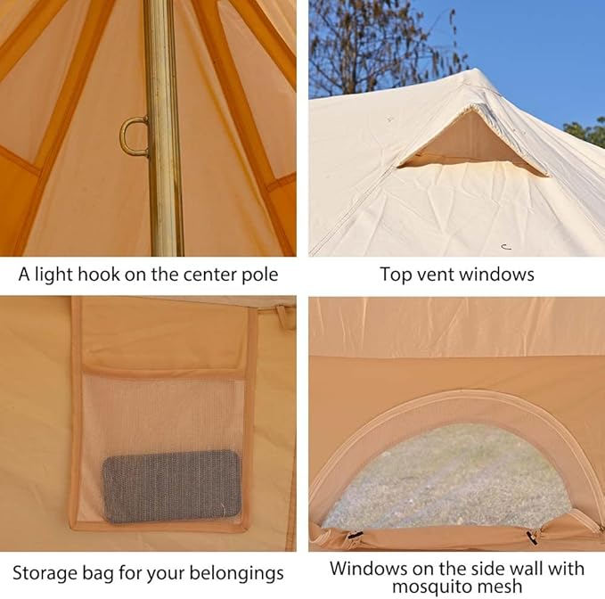 Bell Tent for Camping - Breathable Polycotton Canvas Yurt with Stove Jack, 4-Season Glamping Tent for 2-8 Person, Sturdy Shelter Family Camping & Backyard (10ft/13.1ft/16.4ft)
