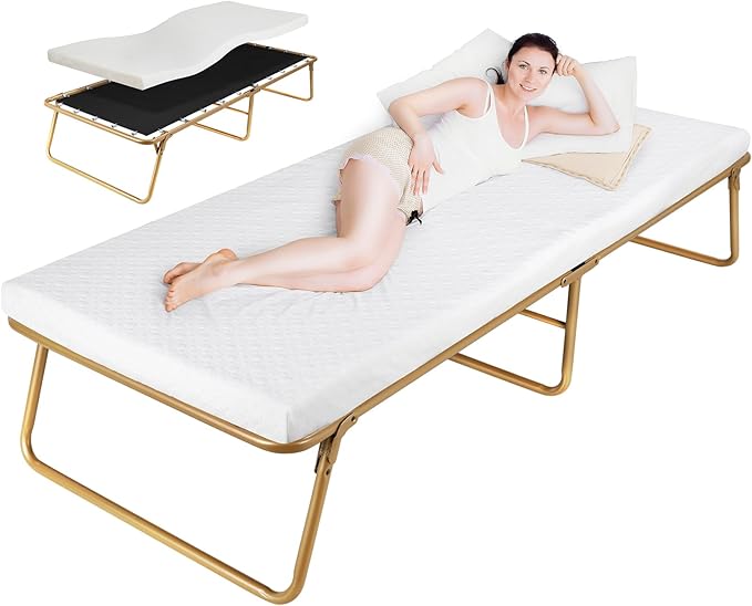 MAMIZO Folding Bed 75" x 31", Rollaway Bed with Mattress for Adults, Metal Frame with Memory Foam Mattress, Guest Bed for Bedroom,Office,Camp,No Assembly Required,Gold