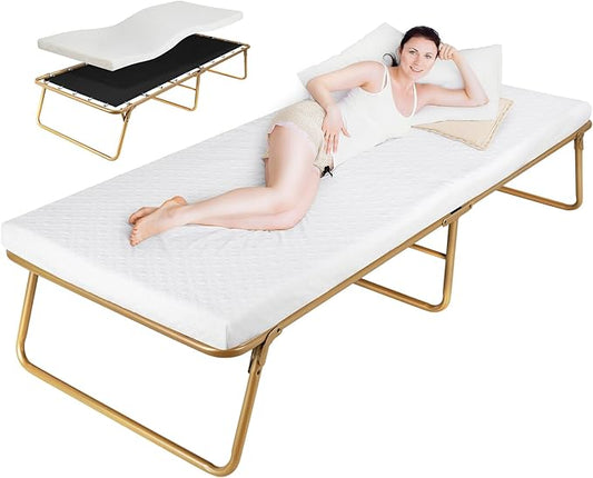 MAMIZO Folding Bed 75" x 31", Rollaway Bed with Mattress for Adults, Metal Frame with Memory Foam Mattress, Guest Bed for Bedroom,Office,Camp,No Assembly Required,Gold