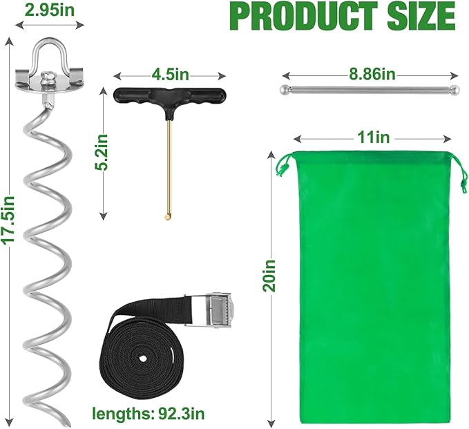 MIXXIDEA 17.5 Inch Gound Anchors Screw in, Metal Spiral Earth Anchors Kit, Heavy Duty Folding Ring Ground Stakes for Tent Trampolines, Garden Fence, Sheds, Swings (Silver, 17.5 Inch with 92in Strap)