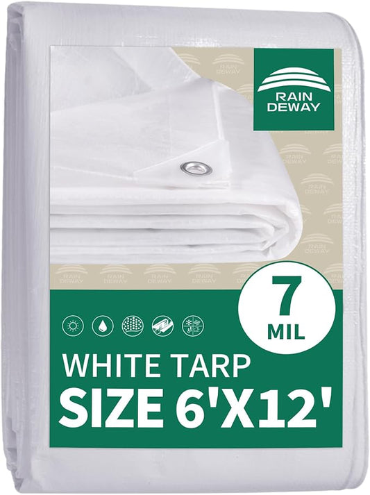 RAINDEWAY Tarps 6x12 Tarp Waterproof,7Mil Thick,Finished Size,UV Resistant,Multipurpose Poly Tarp Cover with Metal Grommets and Reinforced Edges,White Tarps