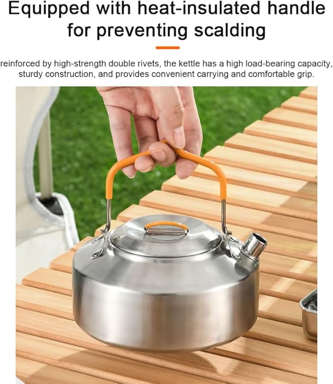 Camping Kettle, Portable Stainless Steel Tea Coffee Pot, Outdoor Water Teapot with Safe Handle for Picnic, Fishing, Backpacking