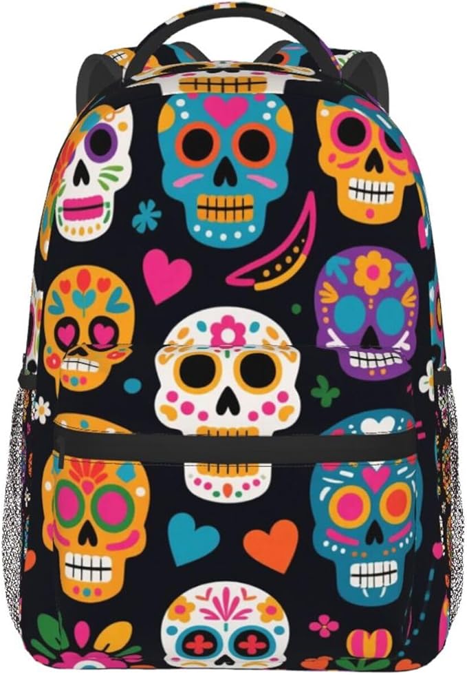 Men Women Polyester Mexican Sugar Skulls Backpack Large Capacity Bookbag With Smooth Zippers for Climbing Picnic Bicycle