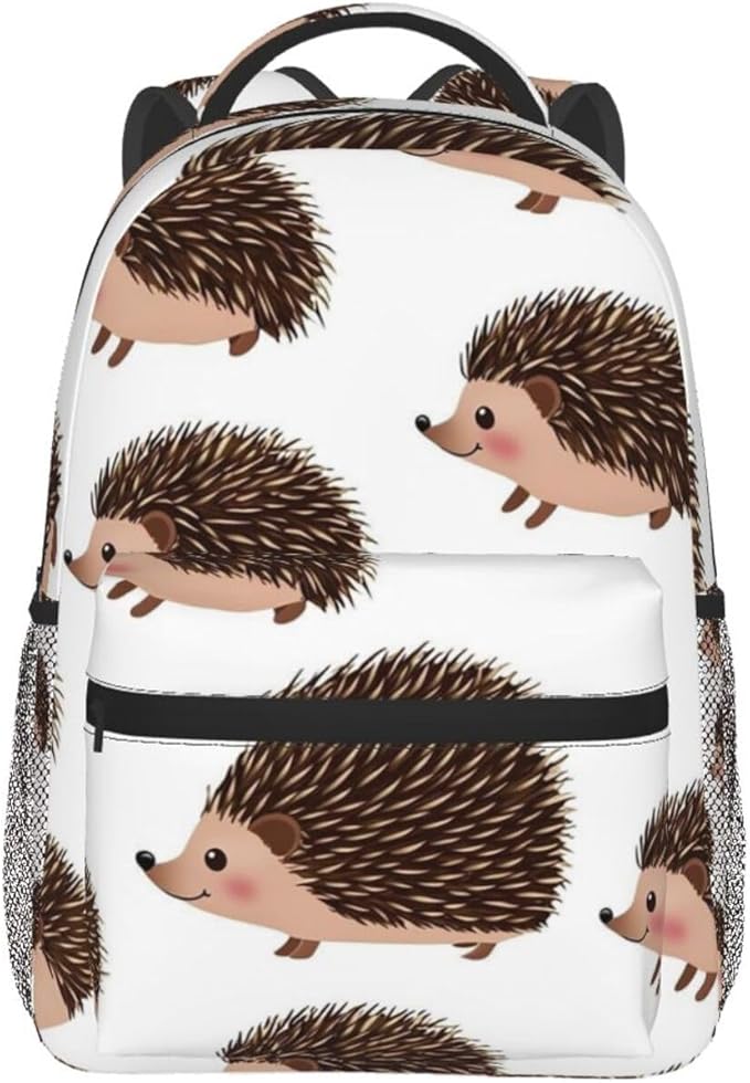 Women Men Polyester Cute Hedgehog Casual Daypack Large Capacity Bookbag With Side Pockets for Sports Picnic Walking Cycling