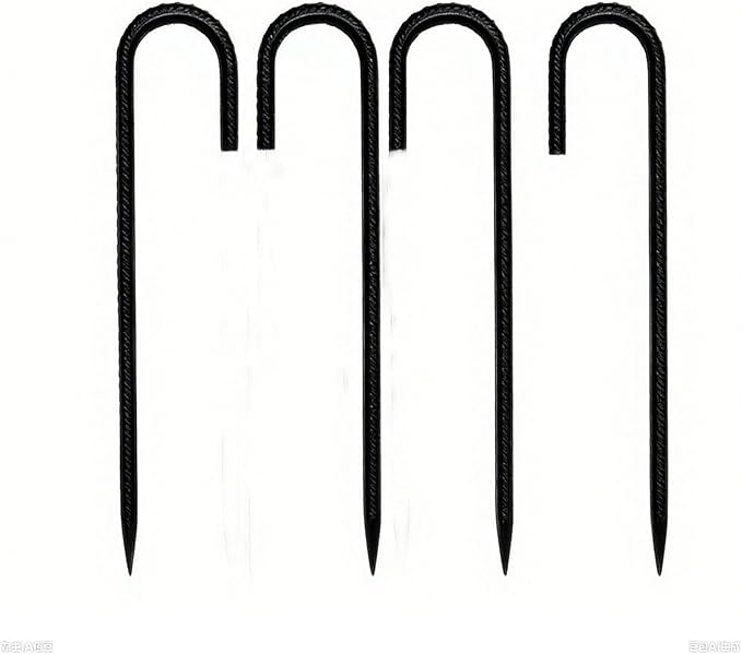 Heavy Duty Ground Stakes, 16 Inch J Hook Stakes, 10 Pack, 5/16 Inch Diameter, Carbon Steel Tent Stakes for Chain Link Fence, Trampoline, Lawn Decorations (J-Shape-Black, J-16 * 3/8"-4PCS)