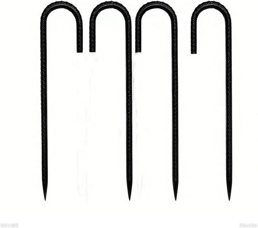Heavy Duty Ground Stakes, 16 Inch J Hook Stakes, 10 Pack, 5/16 Inch Diameter, Carbon Steel Tent Stakes for Chain Link Fence, Trampoline, Lawn Decorations (J-Shape-Black, J-16 * 3/8"-4PCS)