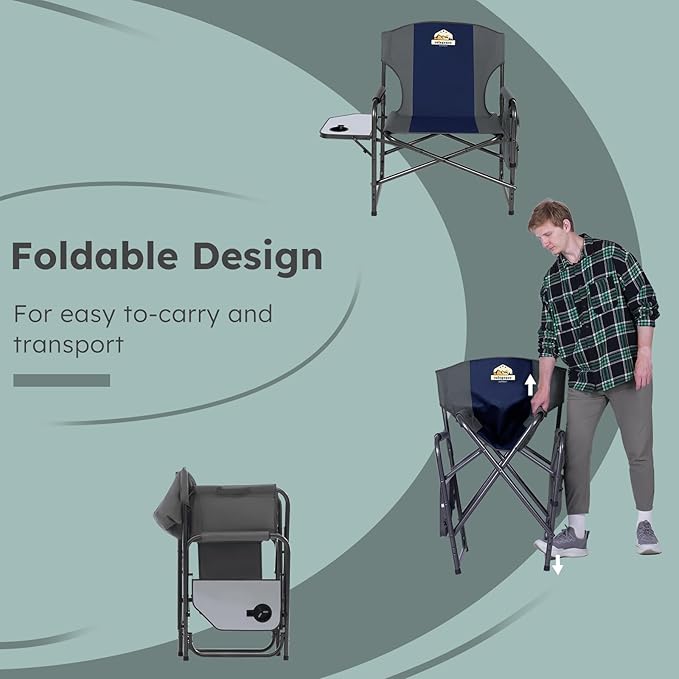 Oversized Directors Camping Chair Support 600 LBS, Heavy Duty Folding Outdoor Chairs with Detachable Side Pocket and Adjustable Side Table for Outside Beach,Lawn,Fishing (Blue)