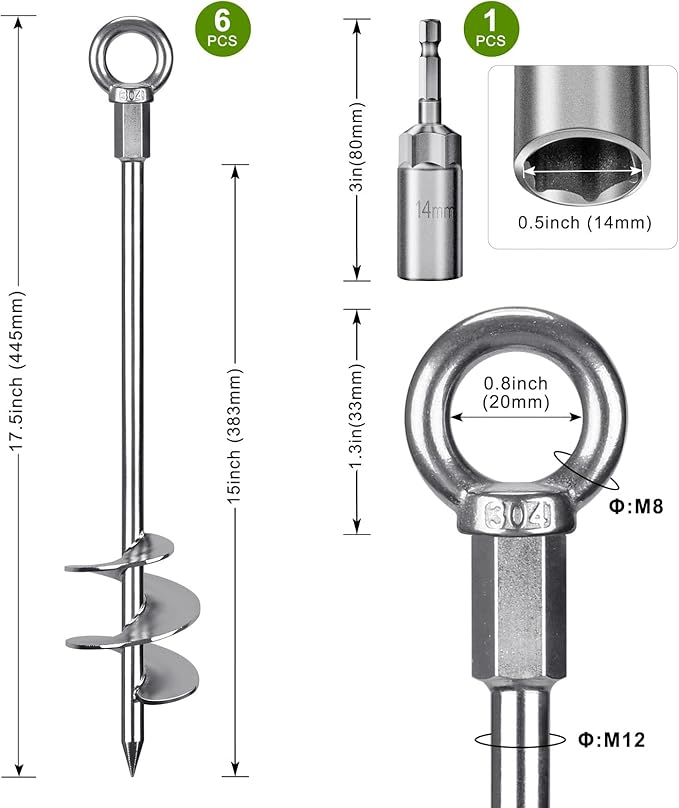 Dolibest 18" Heavy-Duty Ground Anchors Screw in, 3" Wide Spiral Earth Anchors for Swing Set, Wind Resistant Mobile Home, Trampoline, Sheds - Fully Welded Ground Anchors-Set of 6