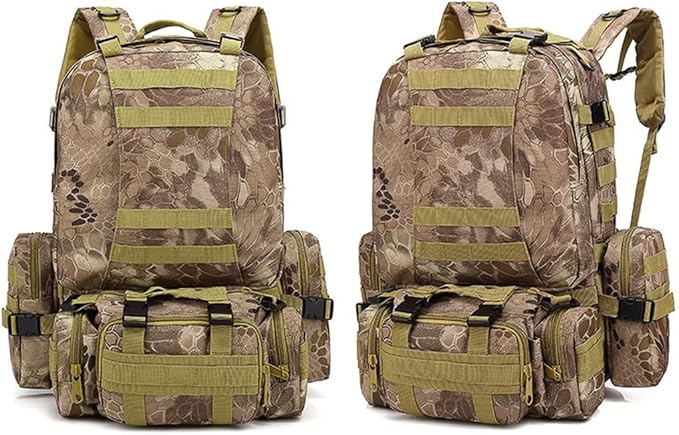 Tactical Backpack Military Army Rucksack 60L Large Assault Pack Camping Detachable Molle Bag (Python Patterned Mud Color)