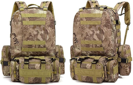 Tactical Backpack Military Army Rucksack 60L Large Assault Pack Camping Detachable Molle Bag (Python Patterned Mud Color)